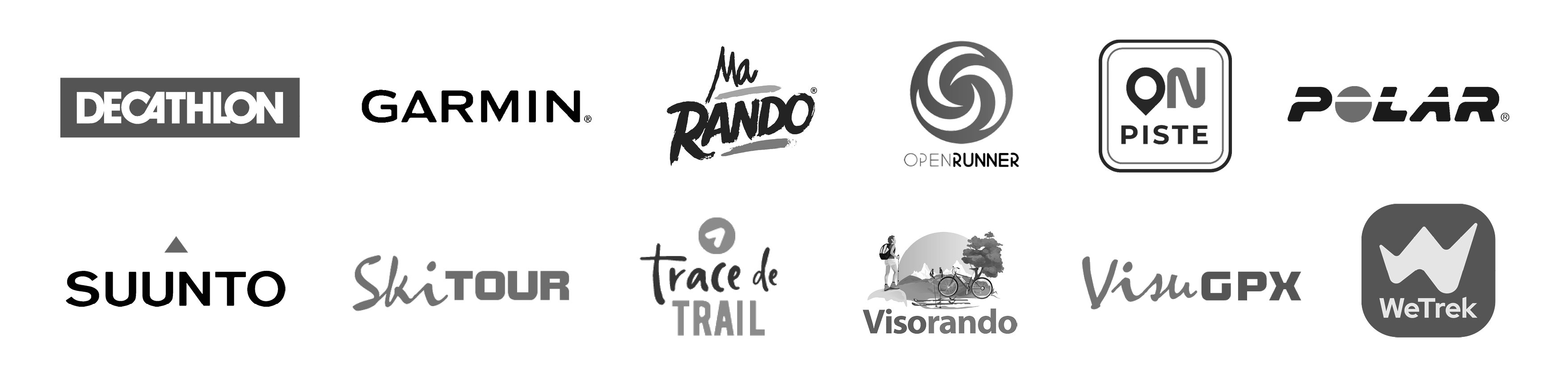 Camptocamp, Suunto, Trace de trail, Decathlon, OpenRunner, Visorando, Garmin, OnPiste, Polar, SkiTour, VisuGPX, WeTrek