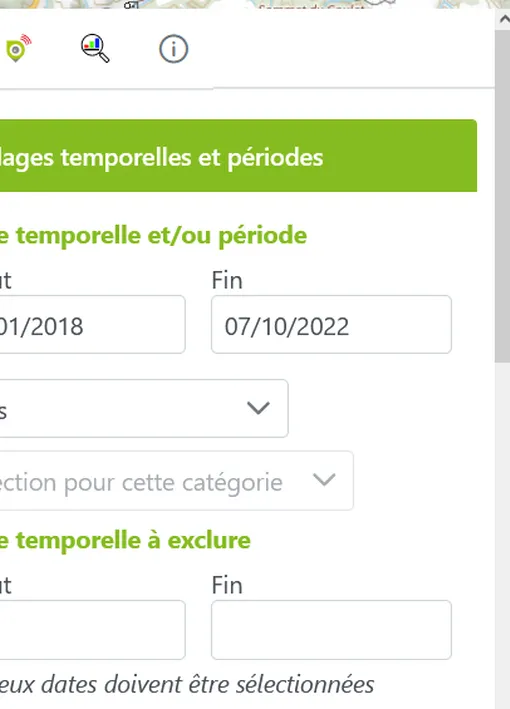filtres temporels dans le panneau latéral de la plateforme